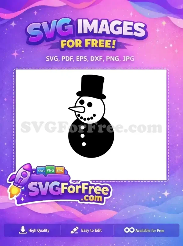 A simple, free black and white snowman SVG icon with a top hat, carrot nose, and button details. Get this free design now!