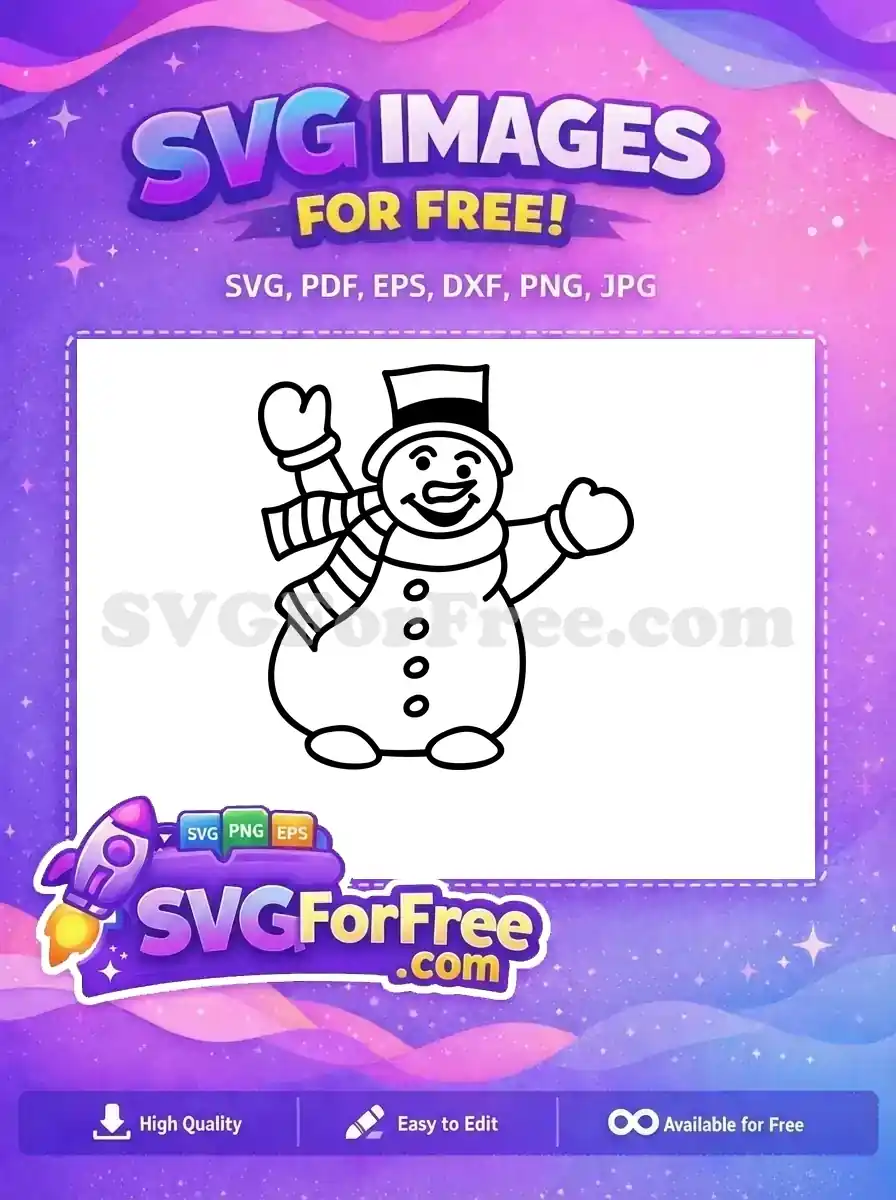 A charming free snowman design with a top hat, striped scarf, and mittens, ready for festive projects. Instantly download this free SVG!