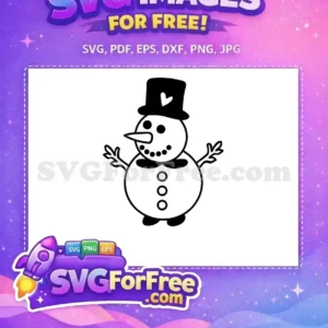 A charming free black and white snowman vector illustration with a top hat, carrot nose, and joyful smile. This free design is perfect for winter crafts.