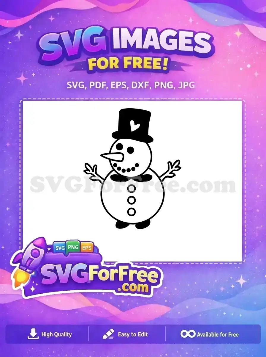 A charming free black and white snowman vector illustration with a top hat, carrot nose, and joyful smile. This free design is perfect for winter crafts.