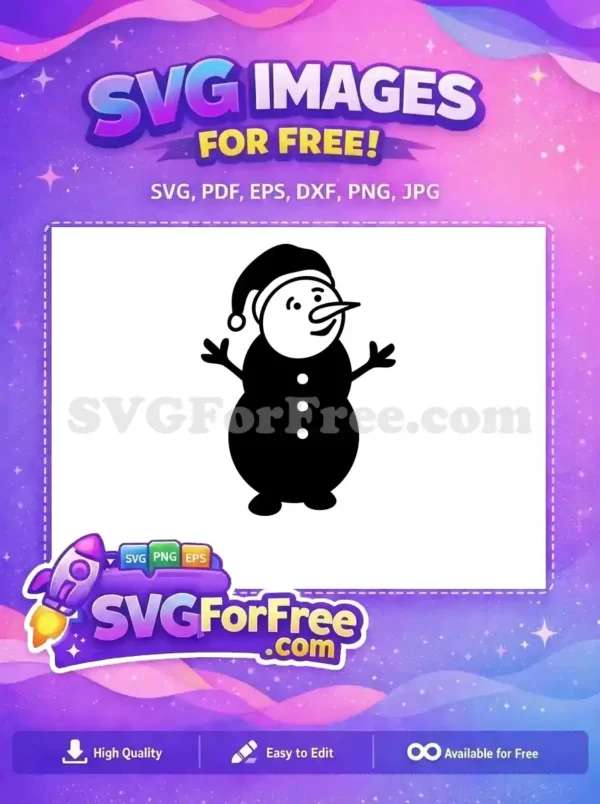 A free cheerful snowman SVG, wearing a Santa hat, with button eyes and a carrot nose. This free design is ideal for festive crafts.