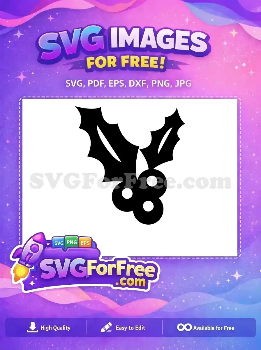 A crisp black silhouette of a free holly sprig with two leaves and three berries, ideal for festive crafting.