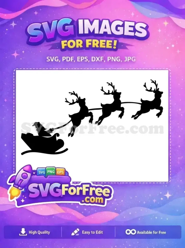 Free design: Santa's sleigh and three flying reindeer. This free SVG is perfect for festive holiday crafts.