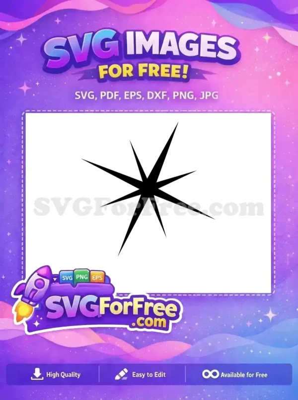 Free Dynamic Starburst Design – Add a Sparkle! A striking black starburst icon, an essential free design, featuring eight sharp, asymmetrical rays on a clean white background.