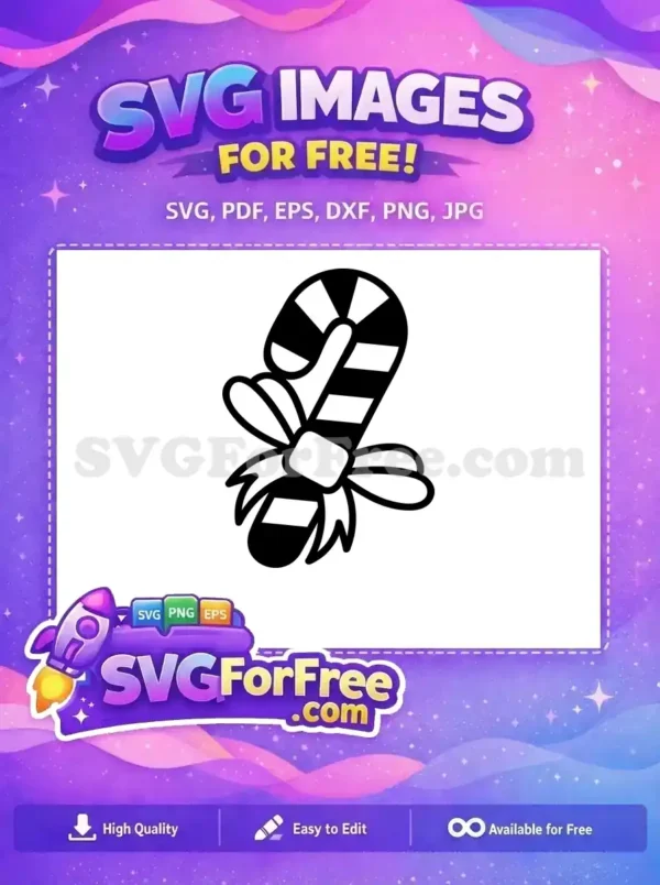 Sweet Striped Candy Cane with Bow – Free SVG Design A crisp, free design of a striped candy cane with a decorative bow, ideal for festive crafting. This free SVG is ready for your holiday projects.