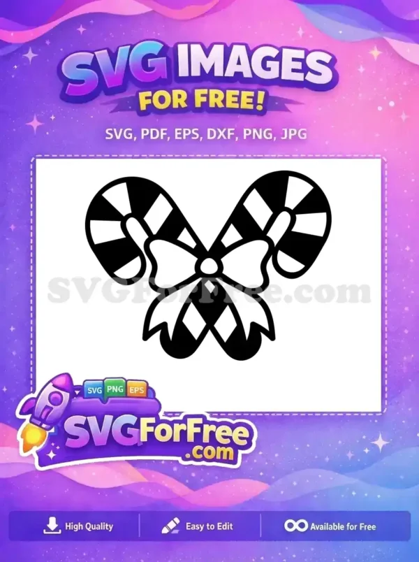 Sweet Free Candy Cane Delight SVG – Festive Holiday Design A free black and white SVG of two classic candy canes crossed and tied with a bow, ready for your holiday creations, a free design.
