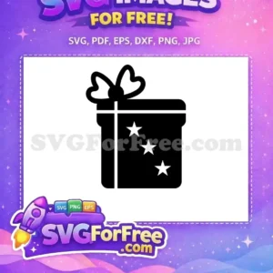A free black and white SVG icon of a gift box, complete with a celebratory bow and three shining stars.