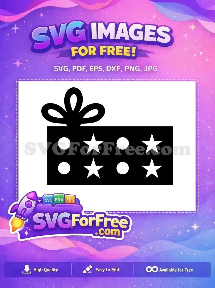A free gift box SVG with a charming bow and decorative stars and circles, ideal for any festive project.