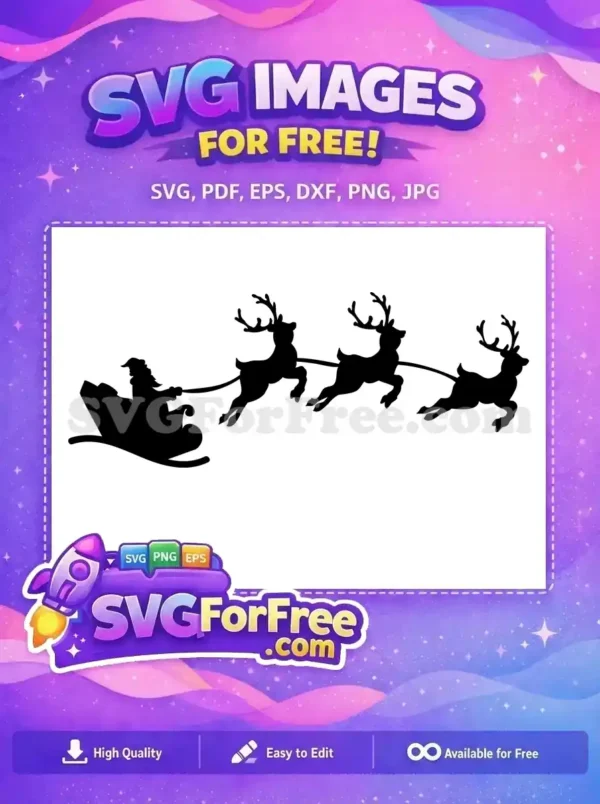 Free Santa and his three flying reindeer pulling a sleigh, a classic Christmas silhouette design to download.