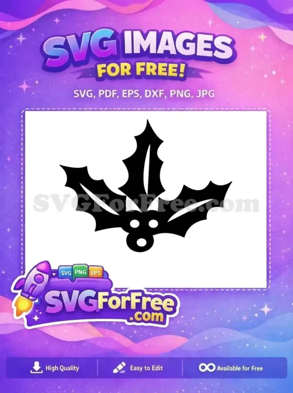 A free black silhouette of a classic three-leaf holly sprig with three berries, ideal for festive designs and crafts.