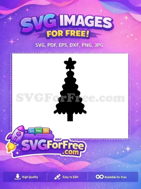 A free Christmas tree SVG silhouette with a star on top, ideal for festive crafts and holiday designs. Get this free vector now!