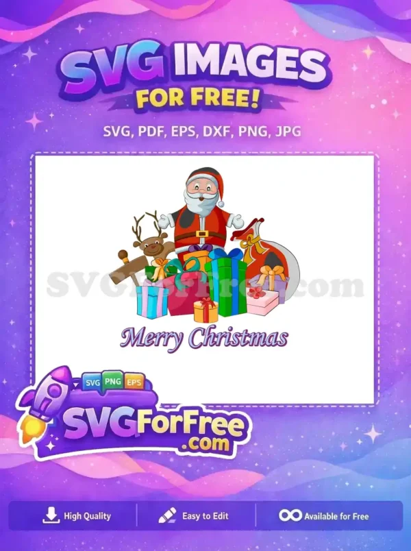 A free festive design featuring Santa Claus, a reindeer, and a pile of vibrant Christmas gifts, with 'Merry Christmas' text.