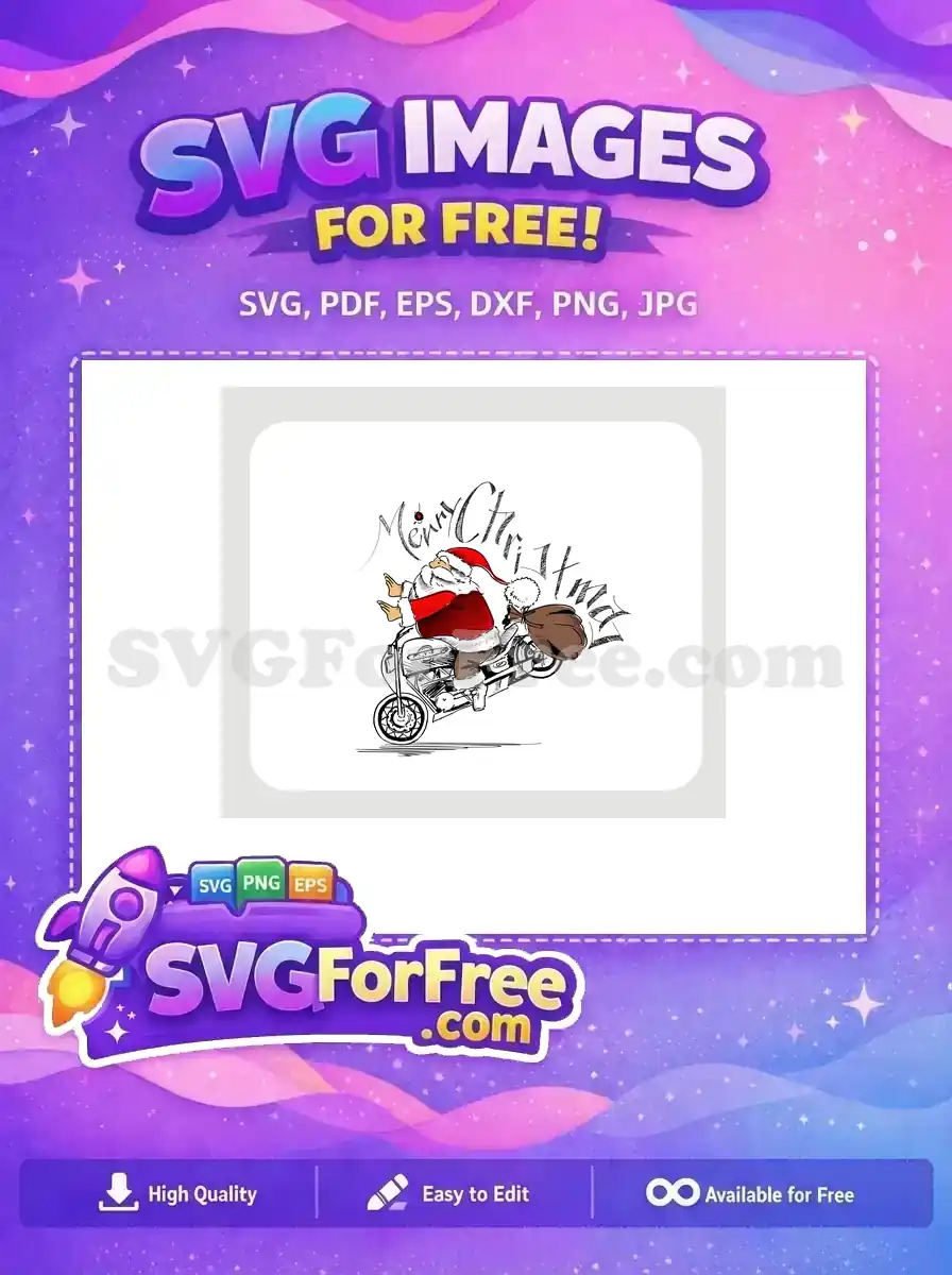 Dynamic free design featuring Santa Claus on a motorcycle doing a wheelie, with a gift sack and "Merry Christmas" text. Perfect for free holiday projects!
