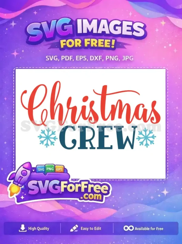 A vibrant, free Christmas Crew SVG design featuring red script, teal block letters, and blue snowflakes, ideal for holiday projects.