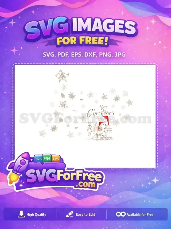 A charming free Christmas illustration featuring Santa, an elf with a gift, and a teddy bear, surrounded by free snowflakes and 'Merry Christmas' text.