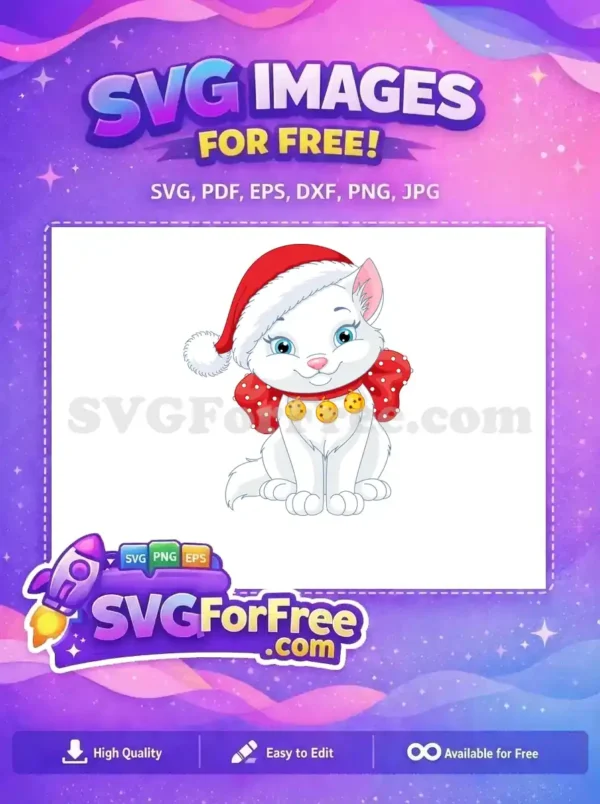 A charming free SVG of a white cartoon cat, wearing a festive Santa hat and a red bow with jingle bells, ready for Christmas.