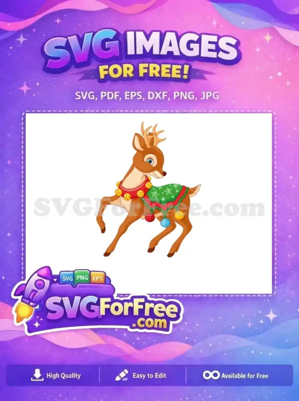 A delightful free cartoon reindeer prancing, adorned with festive bells and a snowflake blanket. This free design is perfect for holiday projects.