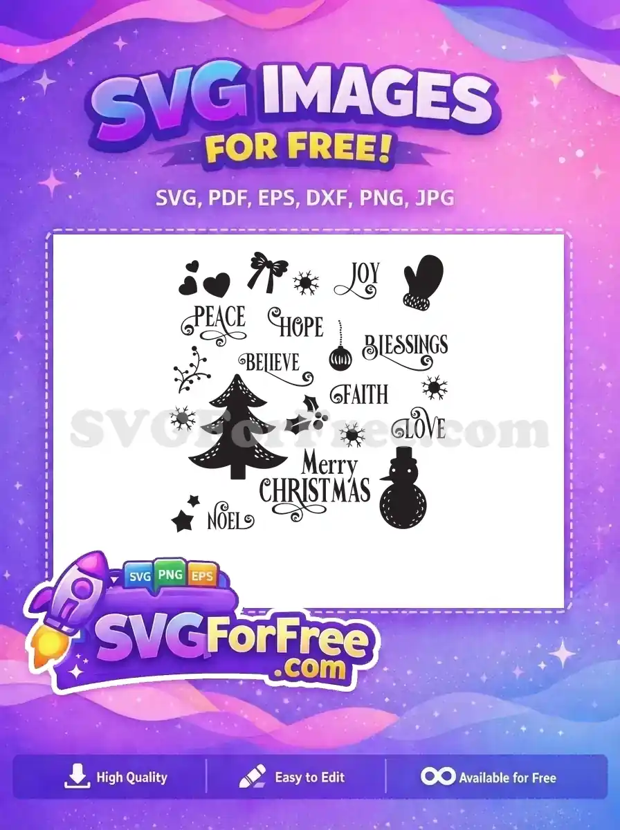 A collection of free Christmas and winter-themed silhouette SVG designs, including words like 'Peace', 'Joy', and icons like trees, snowflakes, and a snowman. This free design is versatile for crafting.
