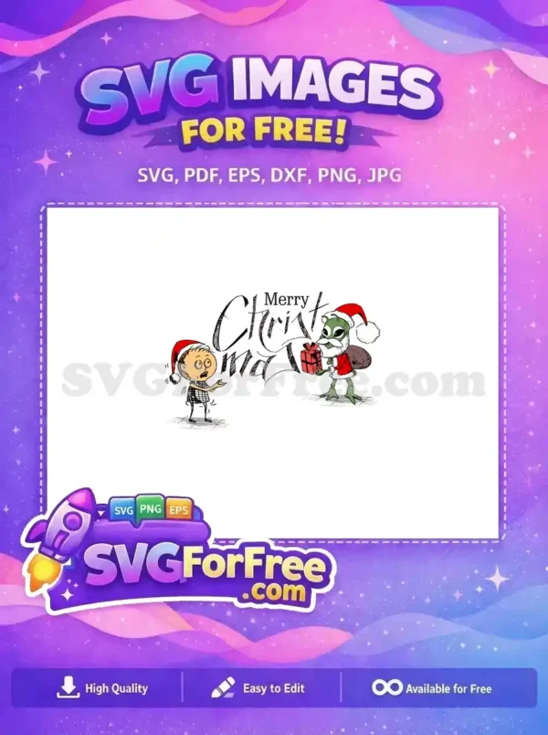 A free, whimsical Christmas design featuring an alien Santa giving a gift to a surprised boy, with 'Merry Christmas' text.