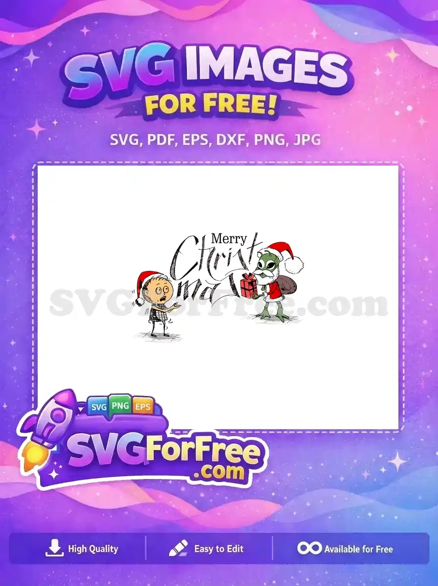 A free, whimsical Christmas design featuring an alien Santa giving a gift to a surprised boy, with 'Merry Christmas' text.