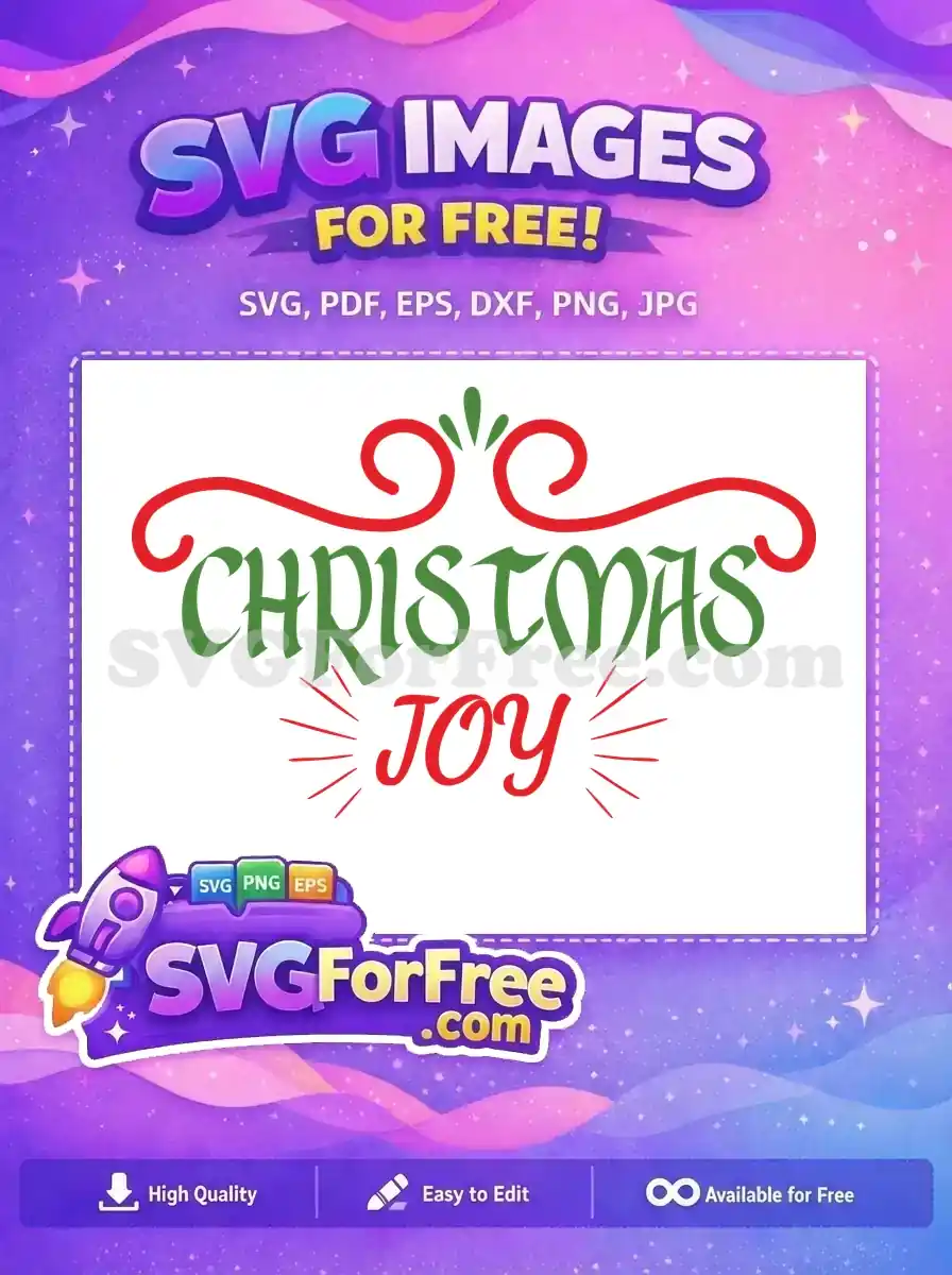A vibrant free Christmas Joy SVG design, featuring festive red and green script lettering with decorative swirls and rays. Perfect for holiday crafting.