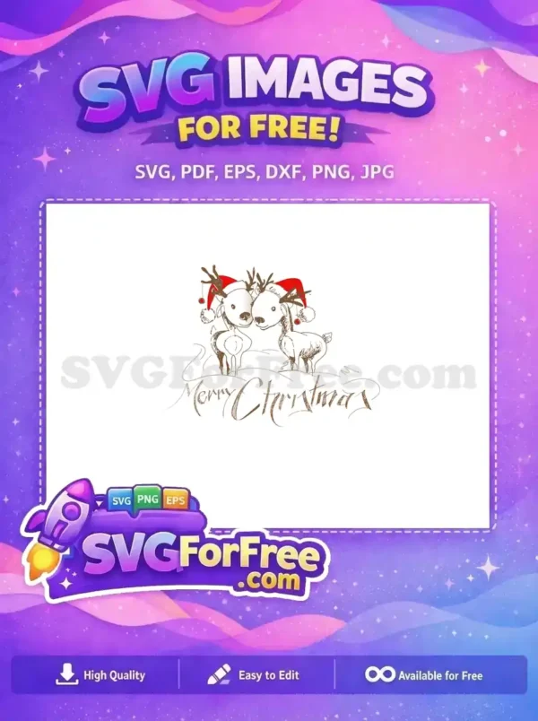 Free hand-drawn SVG featuring two adorable reindeer in Santa hats, standing in snow with "Merry Christmas" text.