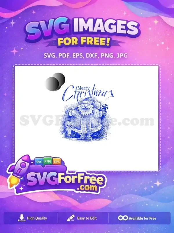 A free design of a joyful, scribbled blue line art Santa Claus with a child and "Merry Christmas" text.