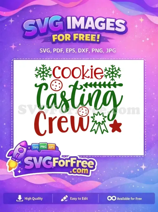 Free 'Cookie Tasting Crew' SVG design in red and green for Christmas crafts, featuring snowflakes and cookies.
