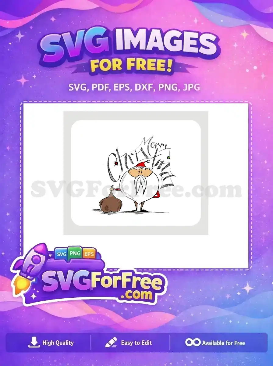 A free, charming, hand-drawn Santa Claus holding a gift sack, with "Merry Christmas" text. Ideal for all your free holiday project needs.