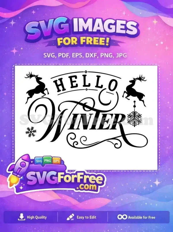 A free winter SVG design showcasing "HELLO WINTER" with jumping deer and snowflakes, ideal for festive crafts.