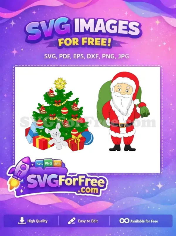 A delightful free Christmas scene with Santa Claus next to a decorated tree, surrounded by gifts and a bunny plush. Ideal free SVG for holiday cheer! (110 characters)