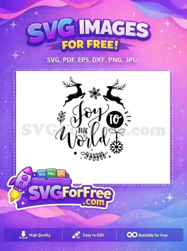 A free "Joy to the World" Christmas SVG featuring two leaping reindeer, elegant script, and festive snowflakes. Perfect for holiday crafts.