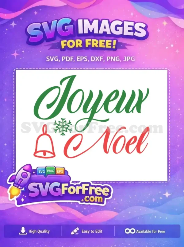 Free Joyeux Noel SVG – Elegant Holiday Script Design A vibrant free 'Joyeux Noel' SVG design featuring elegant green script, a charming red bell, and a snowflake. This free festive vector is perfect for holiday projects.