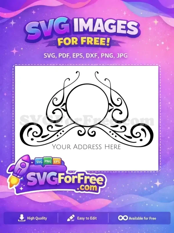 Free elegant address label SVG with ornate scrollwork, a central circle for text, and "YOUR ADDRESS HERE" placeholder. Download this versatile free design.