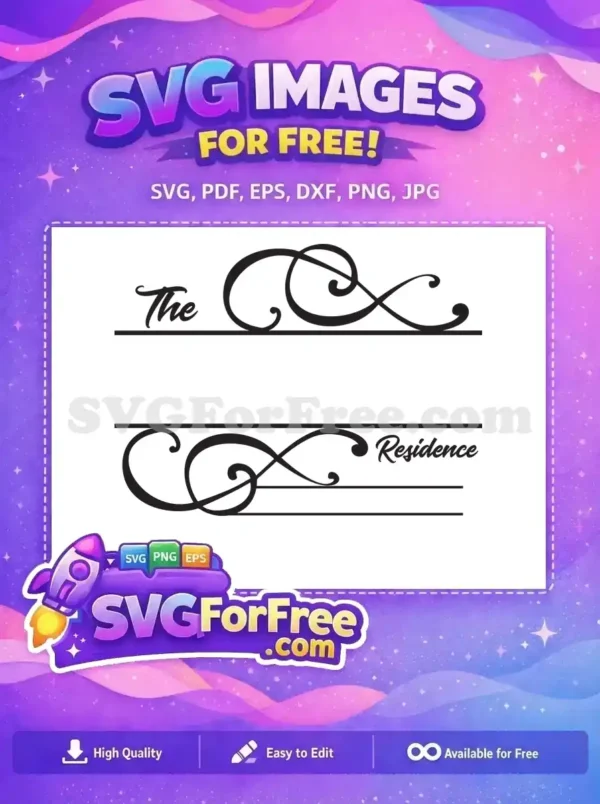 A free elegant split monogram SVG featuring 'The' and 'Residence' with ornate scrollwork, ideal for custom projects. Download this free design now!