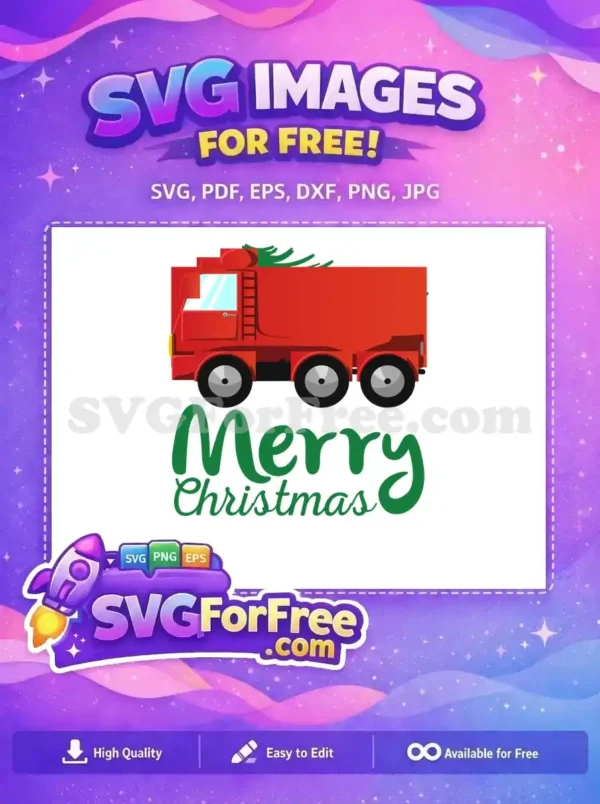 Free Christmas Truck SVG – Festive Holiday Design A free Christmas truck SVG showcasing a red truck carrying a green holiday tree, with 'Merry Christmas' text below.