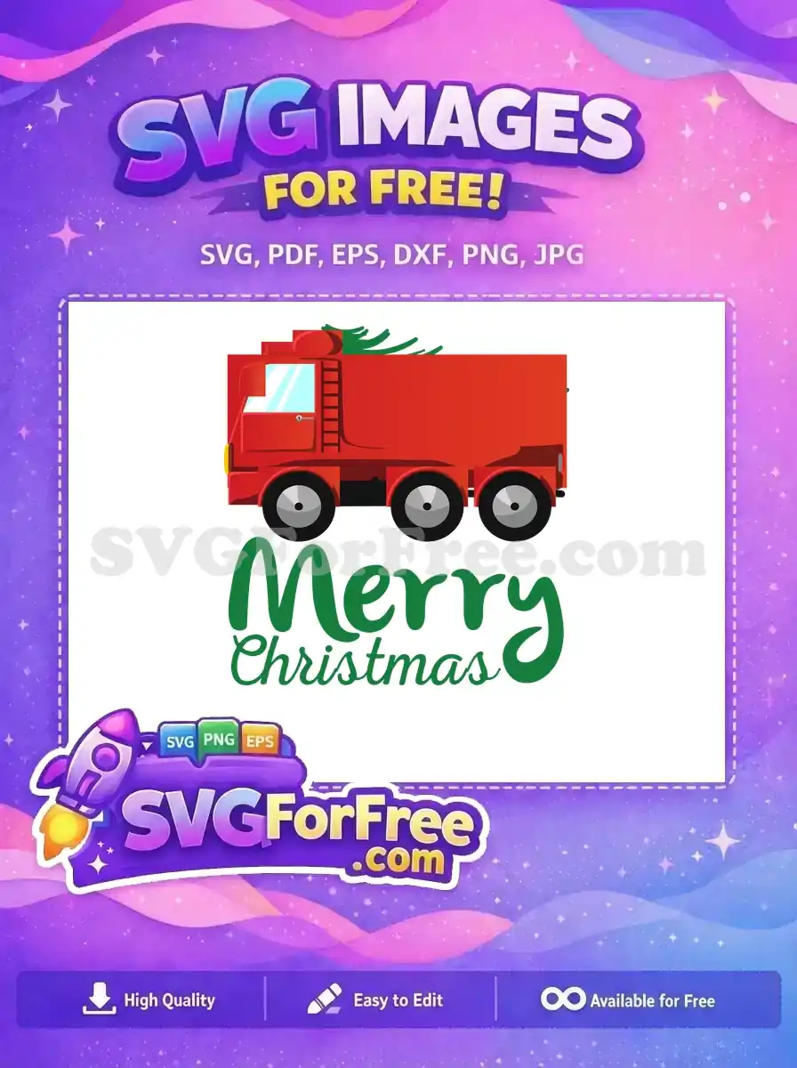 A free Christmas truck SVG showcasing a red truck carrying a green holiday tree, with 'Merry Christmas' text below.