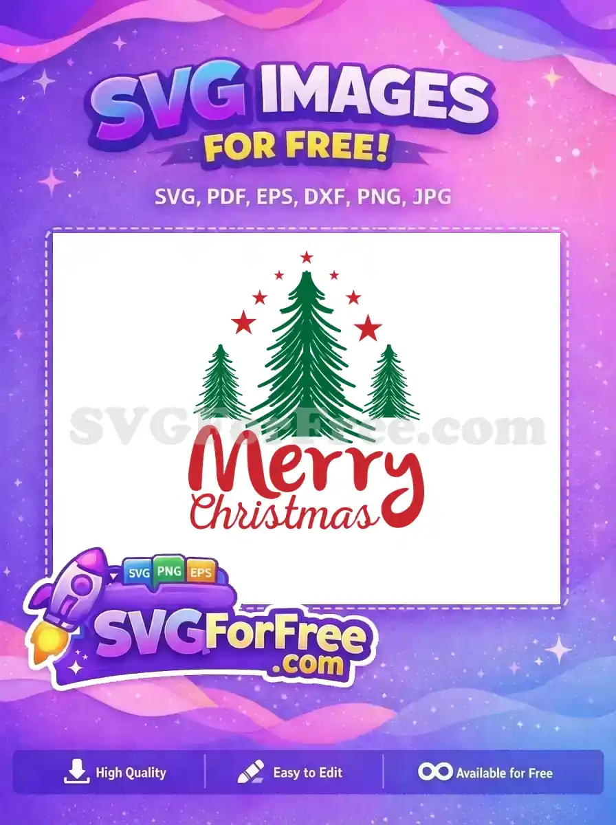 A free festive Merry Christmas SVG design with charming trees and red stars, ideal for holiday crafts. Download this free graphic!