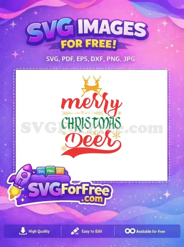 Festive 'Merry Christmas Deer' free SVG design featuring two golden deer and holiday text, ideal for free craft projects.