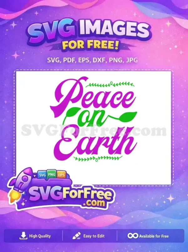 Free Peace on Earth SVG – Elegant Script Design Download A vibrant free 'Peace on Earth' SVG design in purple and green script, featuring elegant leaf accents, ideal for free craft projects.