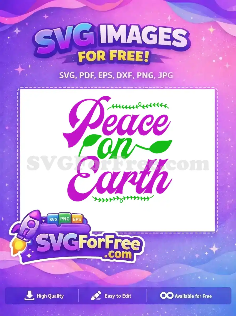 A vibrant free 'Peace on Earth' SVG design in purple and green script, featuring elegant leaf accents, ideal for free craft projects.