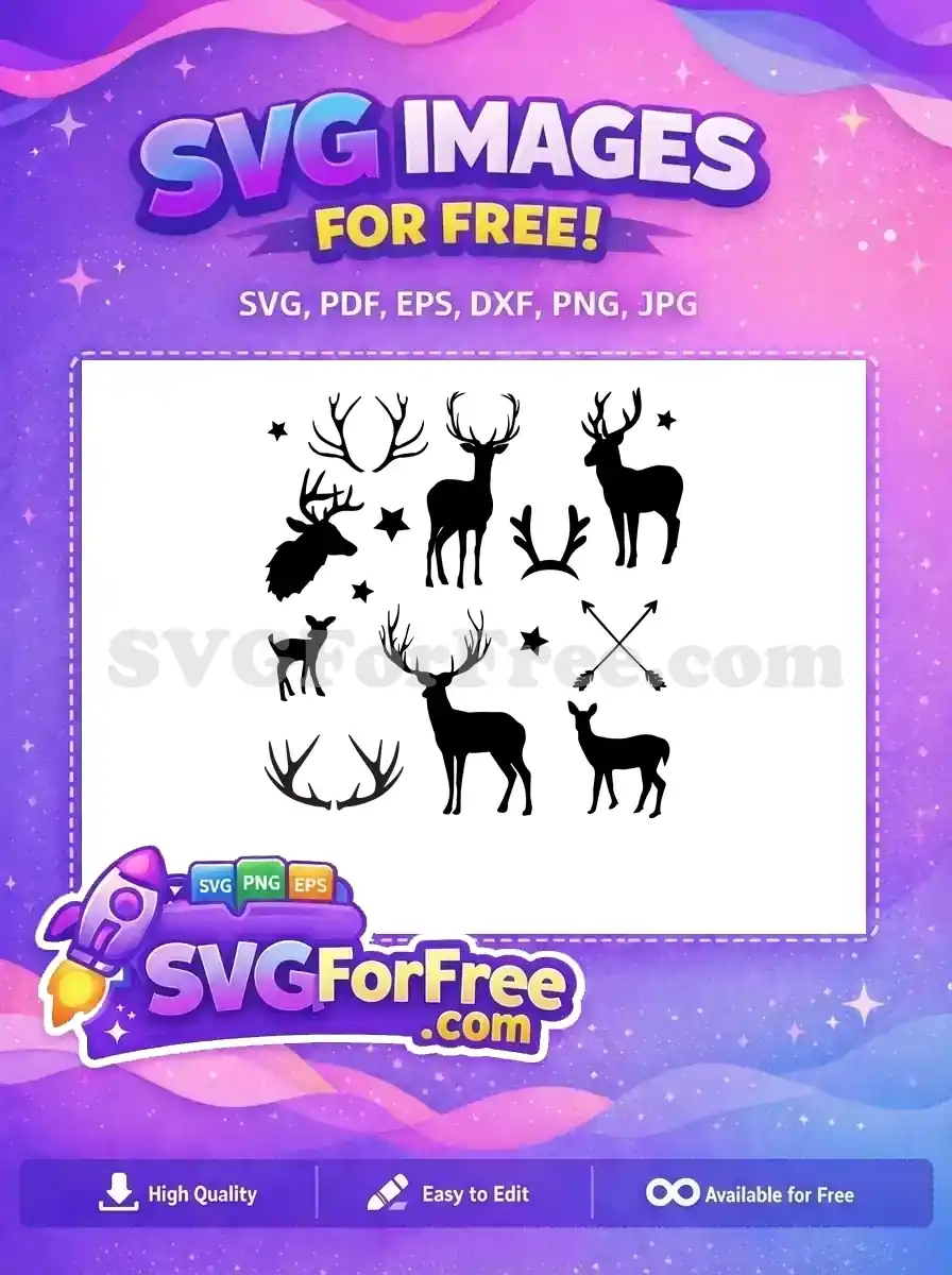 A versatile free SVG design featuring a collection of deer, stag, fawn, and doe silhouettes, plus antlers, stars, and arrows.