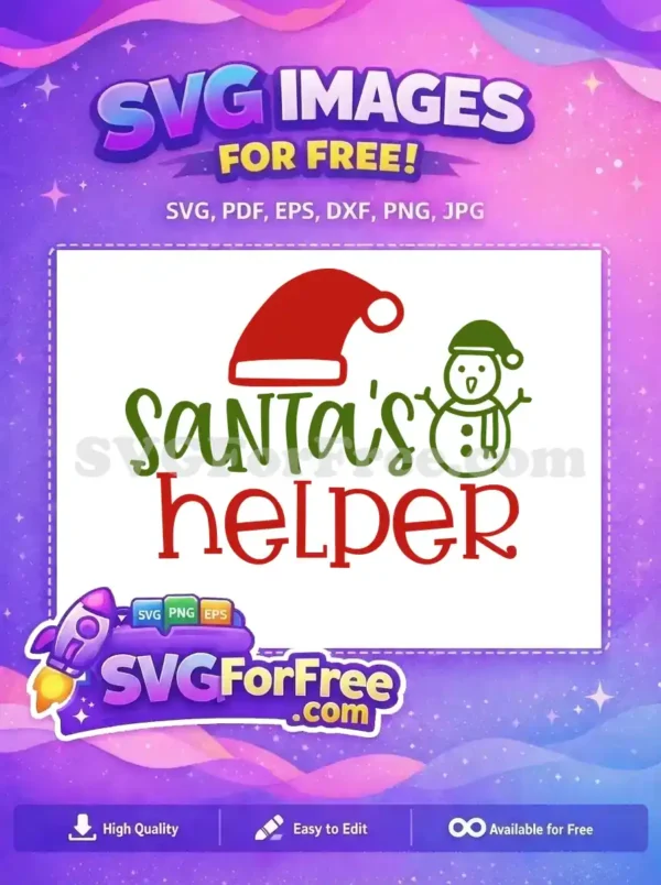 A delightful free SVG design featuring "Santa's helper" text in red and green, accompanied by a Santa hat and a charming snowman.