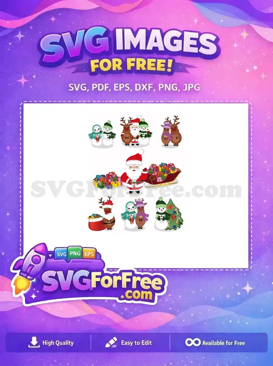 Discover this free design showcasing a charming collection of Christmas characters including Santa, snowmen, and reindeer, all ready for your holiday crafting.