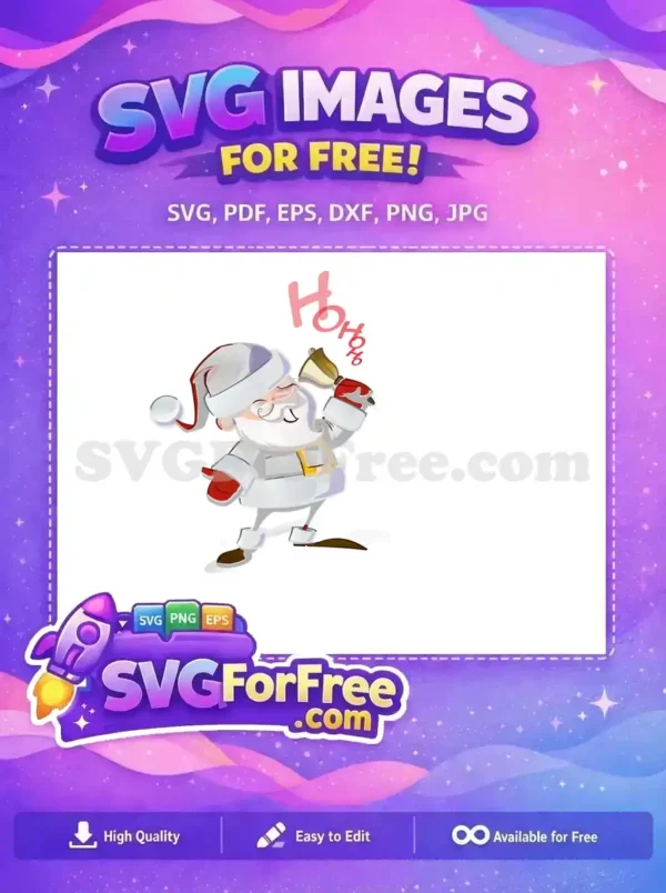 A cheerful free Santa Claus ringing a golden bell, shouting 'Ho Ho Ho!' in vibrant red text. Perfect for free holiday designs.