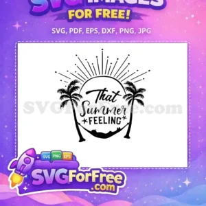 A free design featuring a person in a hammock between two palm trees with a sunburst, embodying a relaxed summer feeling.