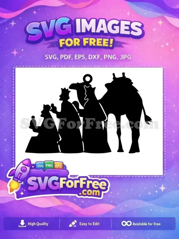 A majestic free design depicting the Three Wise Men and a camel, a timeless Nativity scene silhouette, perfect for diverse projects. Get this free SVG.