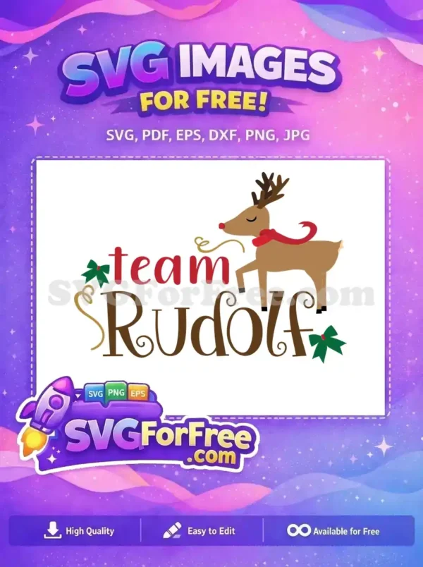 A delightful free Team Rudolf SVG design featuring a cute reindeer with a red scarf and nose, ready for festive crafting.