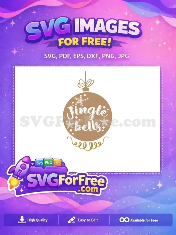 Free SVG design featuring the text 'Jingle Bells' with snowflakes and a golden swirl in a festive holiday style.