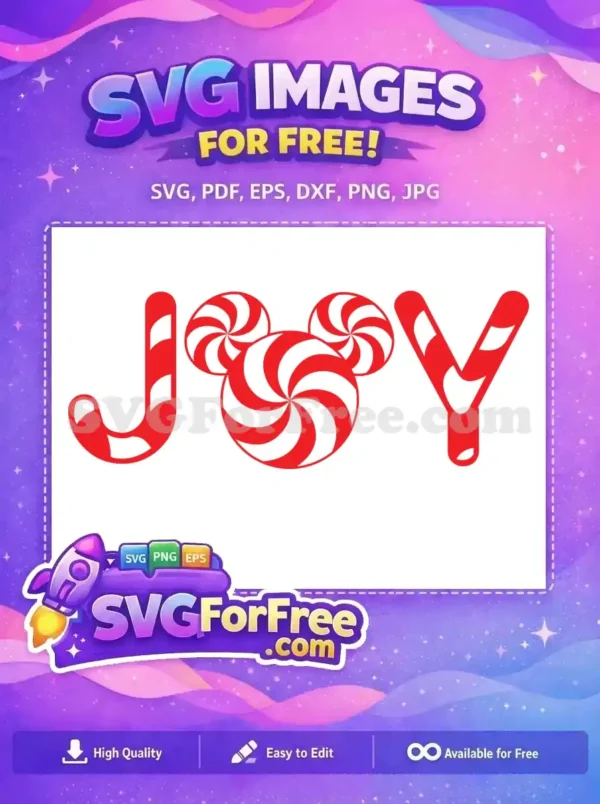 A free SVG design of the word 'JOY' with candy cane stripes and Mickey Mouse-like swirls.